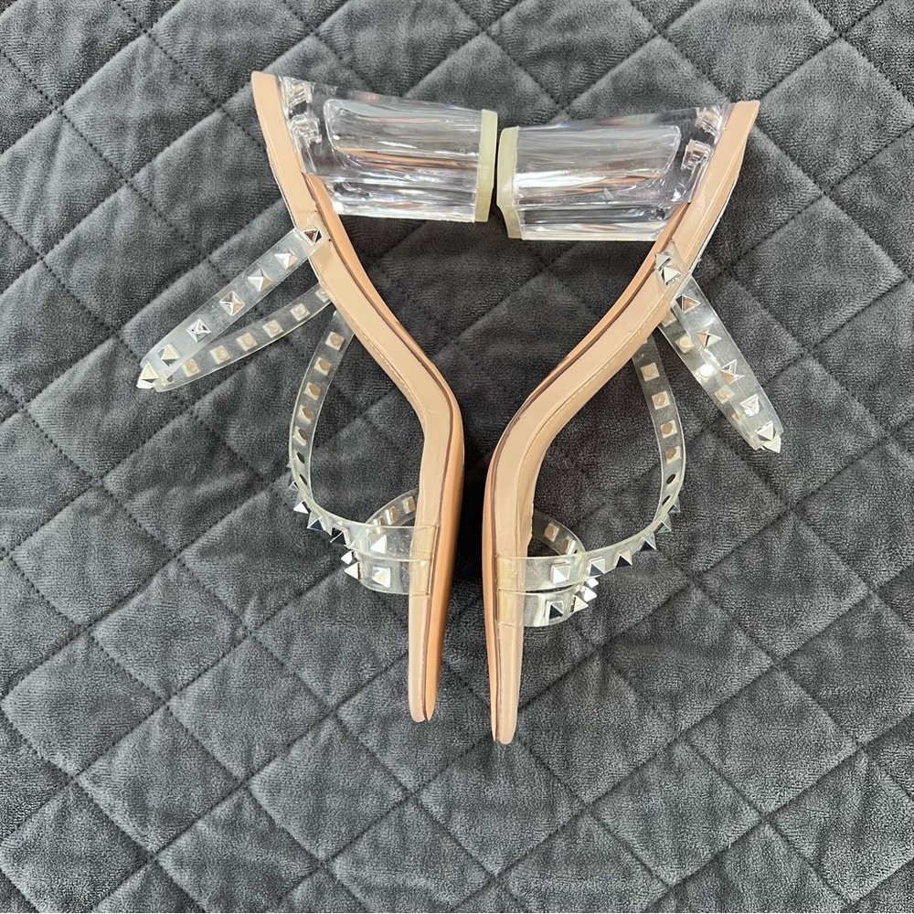 Steve Madden Nude Clear Studded Block Heel Sandals - Picture 6 of 10